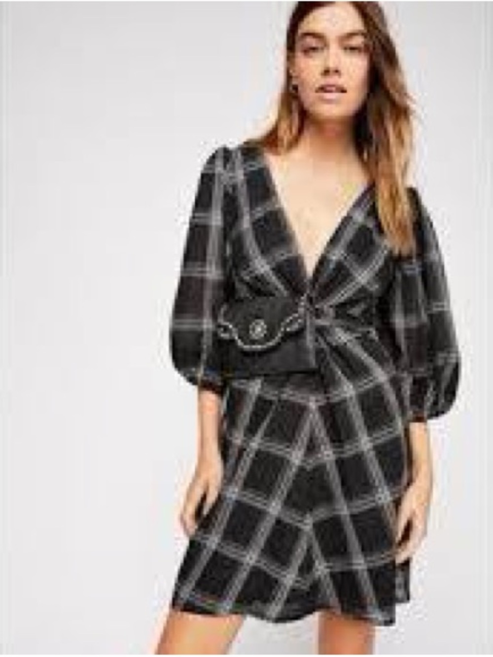 FREE PEOPLE Miss Molly Black White Plaid
Mini Dress Plaid V Neck Preppy Boho 10